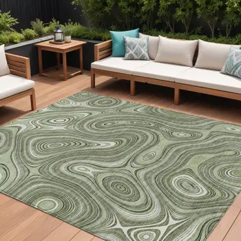 10' X 14' Artichoke Green And Ivory Geometric Washable Indoor Outdoor Area Rug