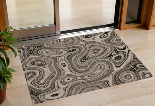 3' X 5' Beige And Charcoal Geometric Washable Indoor Outdoor Area Rug