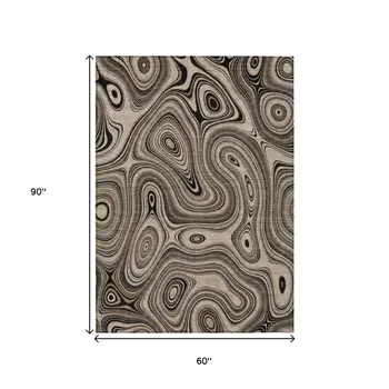 5' X 8' Beige And Charcoal Geometric Washable Indoor Outdoor Area Rug