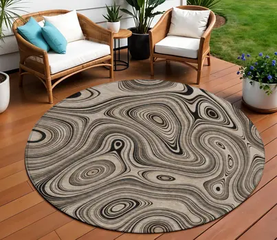 8' Beige And Charcoal Round Geometric Washable Indoor Outdoor Area Rug