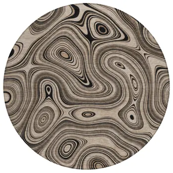 8' Beige And Charcoal Round Geometric Washable Indoor Outdoor Area Rug