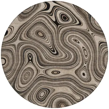 8' Beige And Charcoal Round Geometric Washable Indoor Outdoor Area Rug