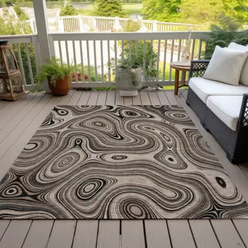 8' X 10' Beige And Charcoal Geometric Washable Indoor Outdoor Area Rug