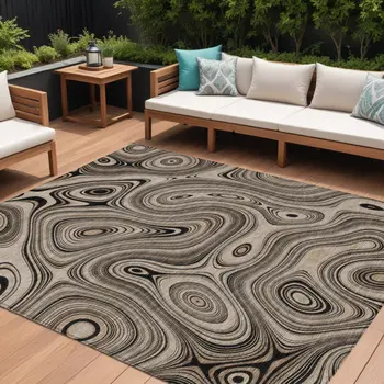 10' X 14' Beige And Charcoal Geometric Washable Indoor Outdoor Area Rug