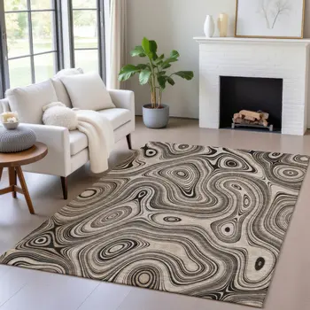 10' X 14' Beige And Charcoal Geometric Washable Indoor Outdoor Area Rug