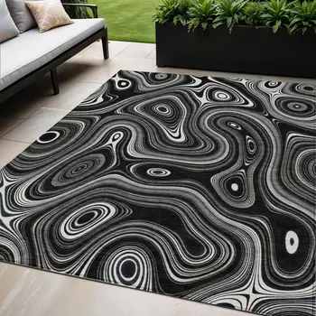 5' X 8' Black And Ivory Geometric Washable Indoor Outdoor Area Rug