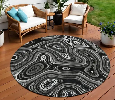 8' Black And Ivory Round Geometric Washable Indoor Outdoor Area Rug