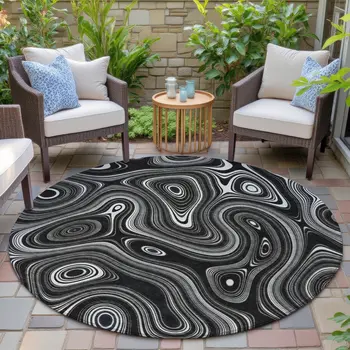 8' Black And Ivory Round Geometric Washable Indoor Outdoor Area Rug