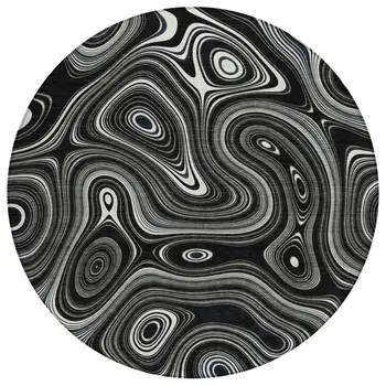 8' Black And Ivory Round Geometric Washable Indoor Outdoor Area Rug
