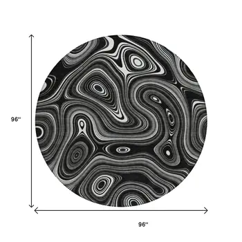 8' Black And Ivory Round Geometric Washable Indoor Outdoor Area Rug