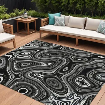 8' X 10' Black And Ivory Geometric Washable Indoor Outdoor Area Rug