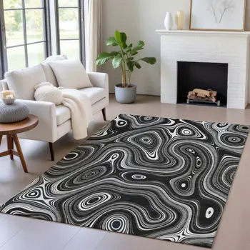 8' X 10' Black And Ivory Geometric Washable Indoor Outdoor Area Rug