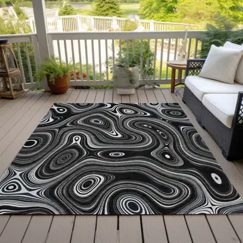 9' X 12' Black And Ivory Geometric Washable Indoor Outdoor Area Rug