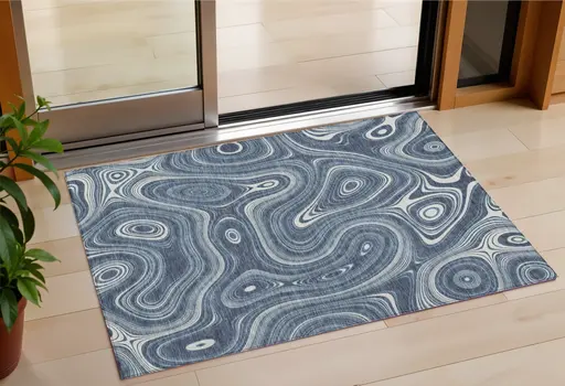 3' X 5' Blue And Ivory Geometric Washable Indoor Outdoor Area Rug
