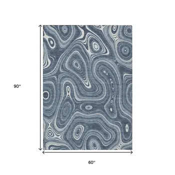 5' X 8' Blue And Ivory Geometric Washable Indoor Outdoor Area Rug