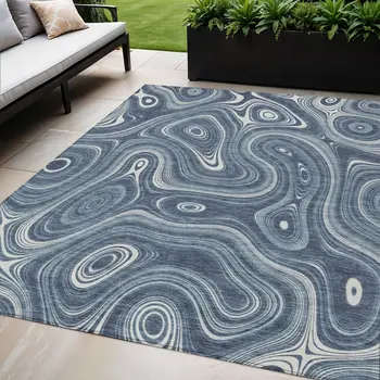 5' X 8' Blue And Ivory Geometric Washable Indoor Outdoor Area Rug