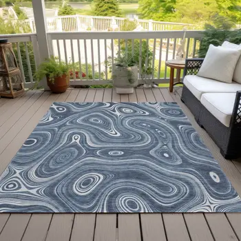 5' X 8' Blue And Ivory Geometric Washable Indoor Outdoor Area Rug