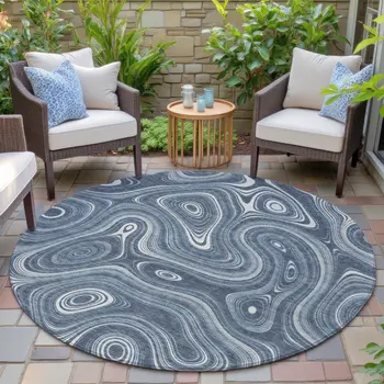 8' Blue And Ivory Round Geometric Washable Indoor Outdoor Area Rug