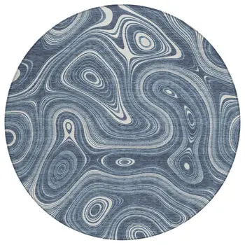 8' Blue And Ivory Round Geometric Washable Indoor Outdoor Area Rug