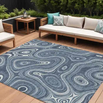 8' X 10' Blue And Ivory Geometric Washable Indoor Outdoor Area Rug