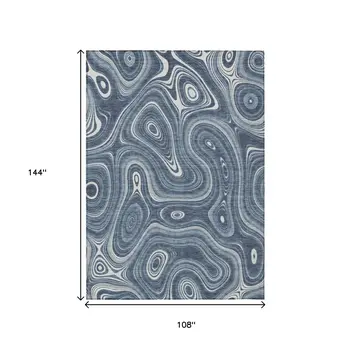9' X 12' Blue And Ivory Geometric Washable Indoor Outdoor Area Rug