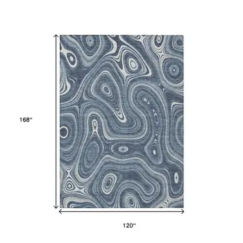 10' X 14' Blue And Ivory Geometric Washable Indoor Outdoor Area Rug