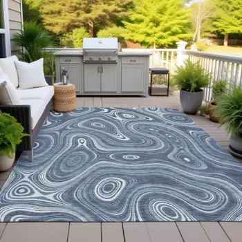 10' X 14' Blue And Ivory Geometric Washable Indoor Outdoor Area Rug
