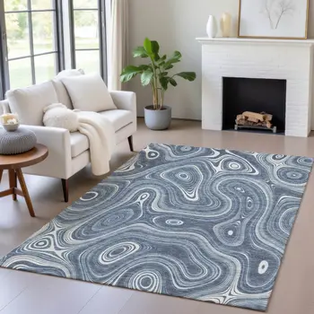 10' X 14' Blue And Ivory Geometric Washable Indoor Outdoor Area Rug