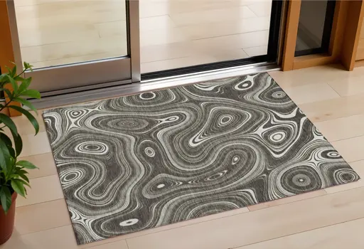 3' X 5' Gray And Ivory Geometric Washable Indoor Outdoor Area Rug