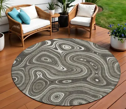 8' Gray And Ivory Round Geometric Washable Indoor Outdoor Area Rug
