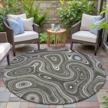8' Gray And Ivory Round Geometric Washable Indoor Outdoor Area Rug