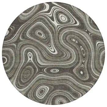 8' Gray And Ivory Round Geometric Washable Indoor Outdoor Area Rug