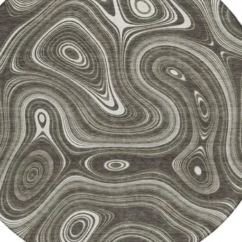 8' Gray And Ivory Round Geometric Washable Indoor Outdoor Area Rug