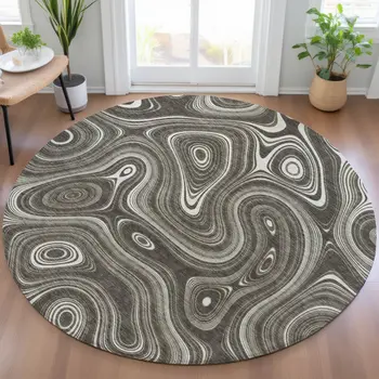 8' Gray And Ivory Round Geometric Washable Indoor Outdoor Area Rug