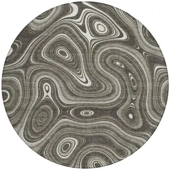 8' Gray And Ivory Round Geometric Washable Indoor Outdoor Area Rug