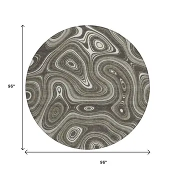 8' Gray And Ivory Round Geometric Washable Indoor Outdoor Area Rug