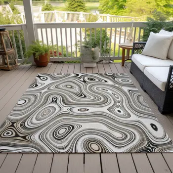 3' X 5' Ivory And Charcoal Geometric Washable Indoor Outdoor Area Rug