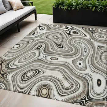 5' X 8' Ivory And Charcoal Geometric Washable Indoor Outdoor Area Rug