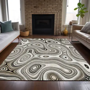 5' X 8' Ivory And Charcoal Geometric Washable Indoor Outdoor Area Rug