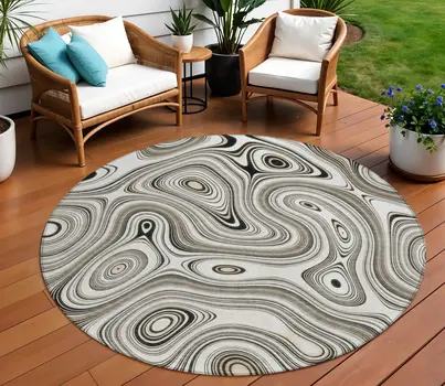 8' Ivory And Charcoal Round Geometric Washable Indoor Outdoor Area Rug