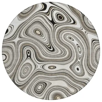 8' Ivory And Charcoal Round Geometric Washable Indoor Outdoor Area Rug