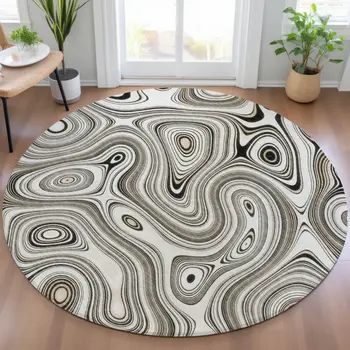8' Ivory And Charcoal Round Geometric Washable Indoor Outdoor Area Rug