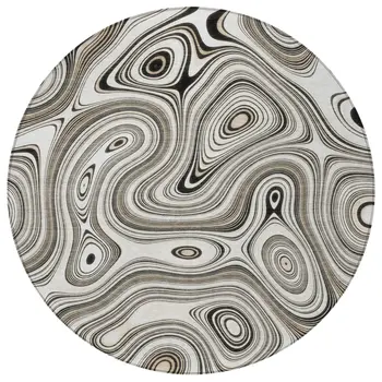 8' Ivory And Charcoal Round Geometric Washable Indoor Outdoor Area Rug