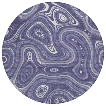 8' Plum And Ivory Round Geometric Washable Indoor Outdoor Area Rug