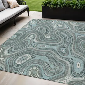 5' X 8' Sky Blue And Gray Geometric Washable Indoor Outdoor Area Rug