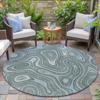 8' Sky Blue And Gray Round Geometric Washable Indoor Outdoor Area Rug