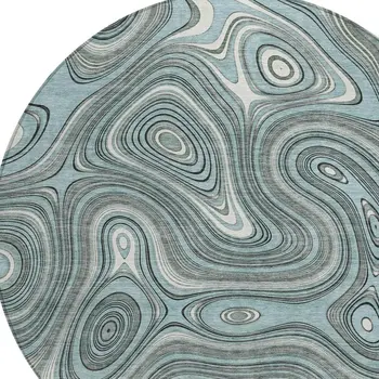 8' Sky Blue And Gray Round Geometric Washable Indoor Outdoor Area Rug