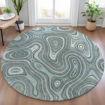 8' Sky Blue And Gray Round Geometric Washable Indoor Outdoor Area Rug