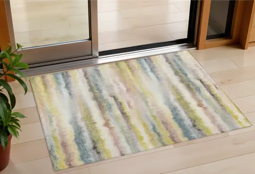 3' X 5' Gold Gray And Ivory Striped Washable Indoor Outdoor Area Rug