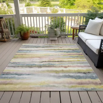 3' X 5' Gold Gray And Ivory Striped Washable Indoor Outdoor Area Rug